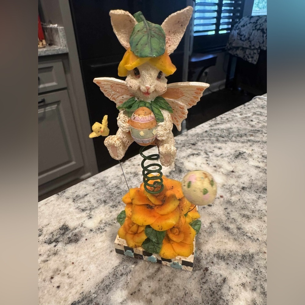Vintage Whimsical Bunny Figurine with Orange Flowers 6in tall